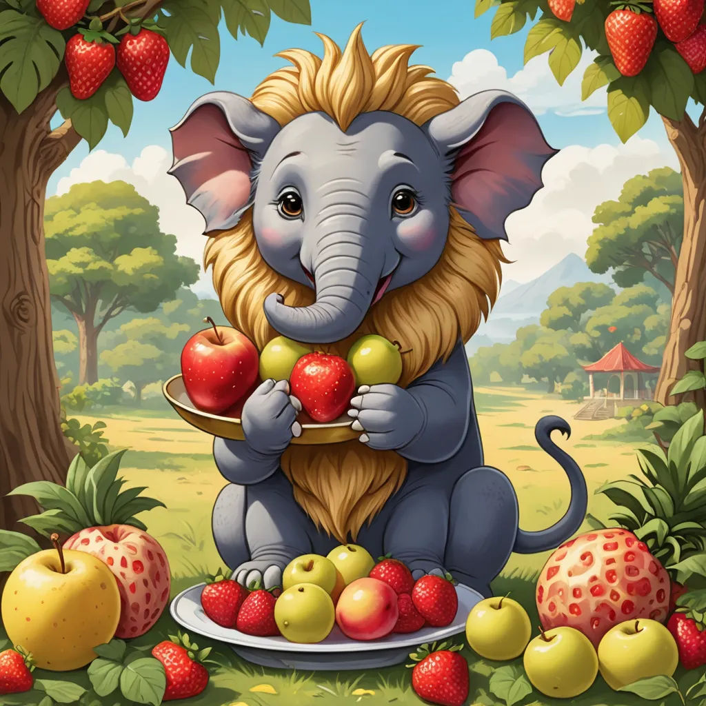 a cartoon elephant eating apples in a forest with apples and berries around him, and a plate of apples, pop surrealism, a storybook illustration, Chris LaBrooy, promotional image