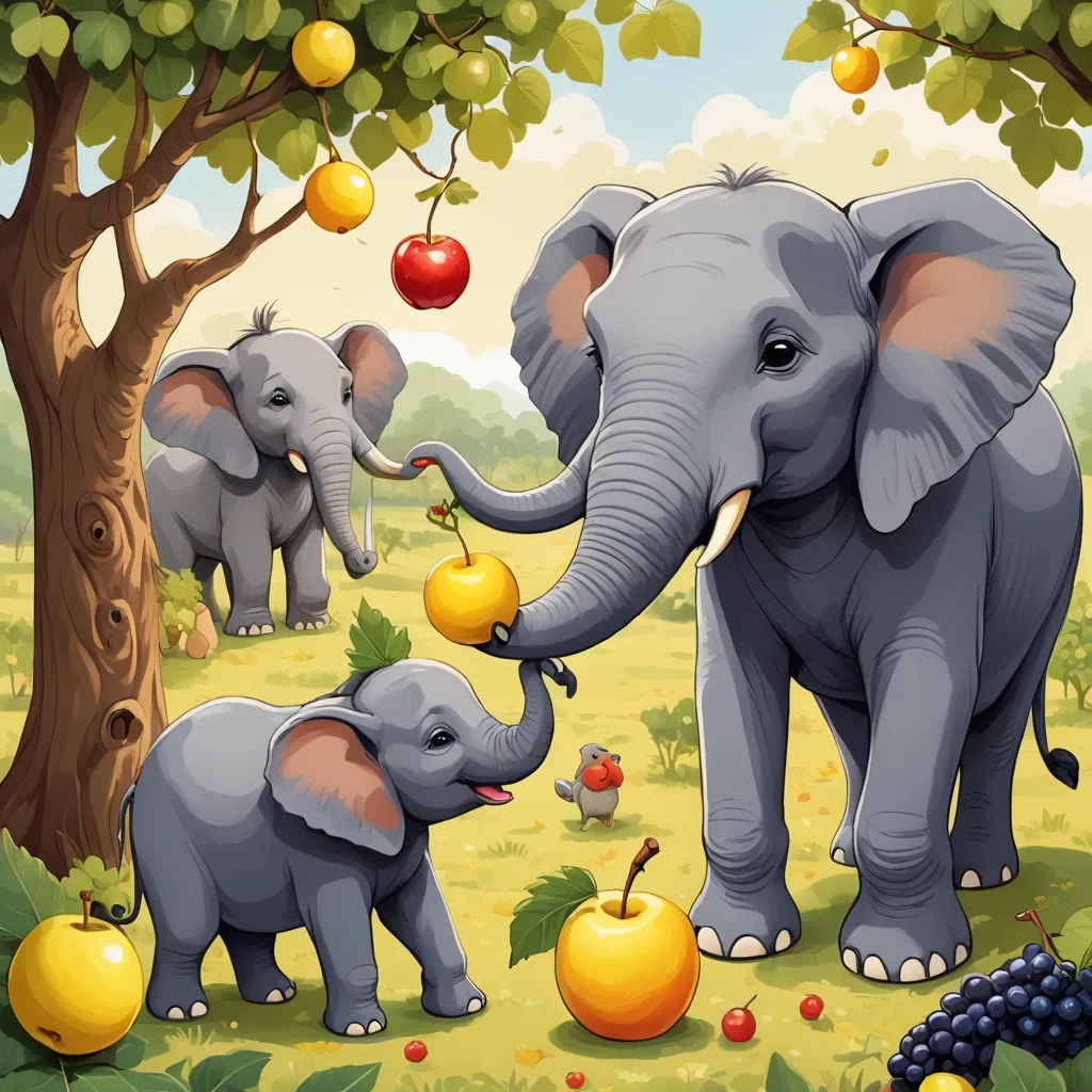 a group of elephants standing next to each other in a forest with apples and an apple tree with an elephant, magic realism, a storybook illustration, Chris LaBrooy, highly detailed digital painting