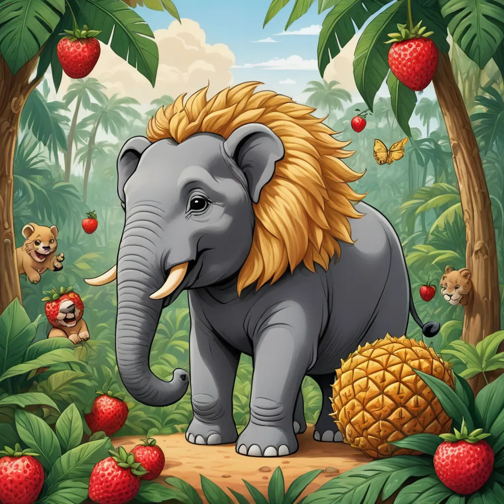 a cartoon elephant with a pineapple in the jungle with other animals around it and a pineapple in the foreground, sumatraism, a storybook illustration, Chris LaBrooy, jungle