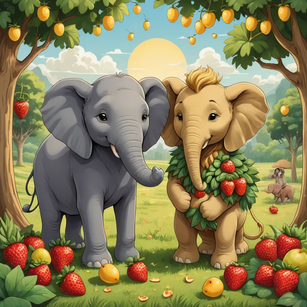 two elephants standing in a field with strawberries and oranges around them, under a tree with oranges, naive art, a storybook illustration, Chris LaBrooy, storybook illustration
