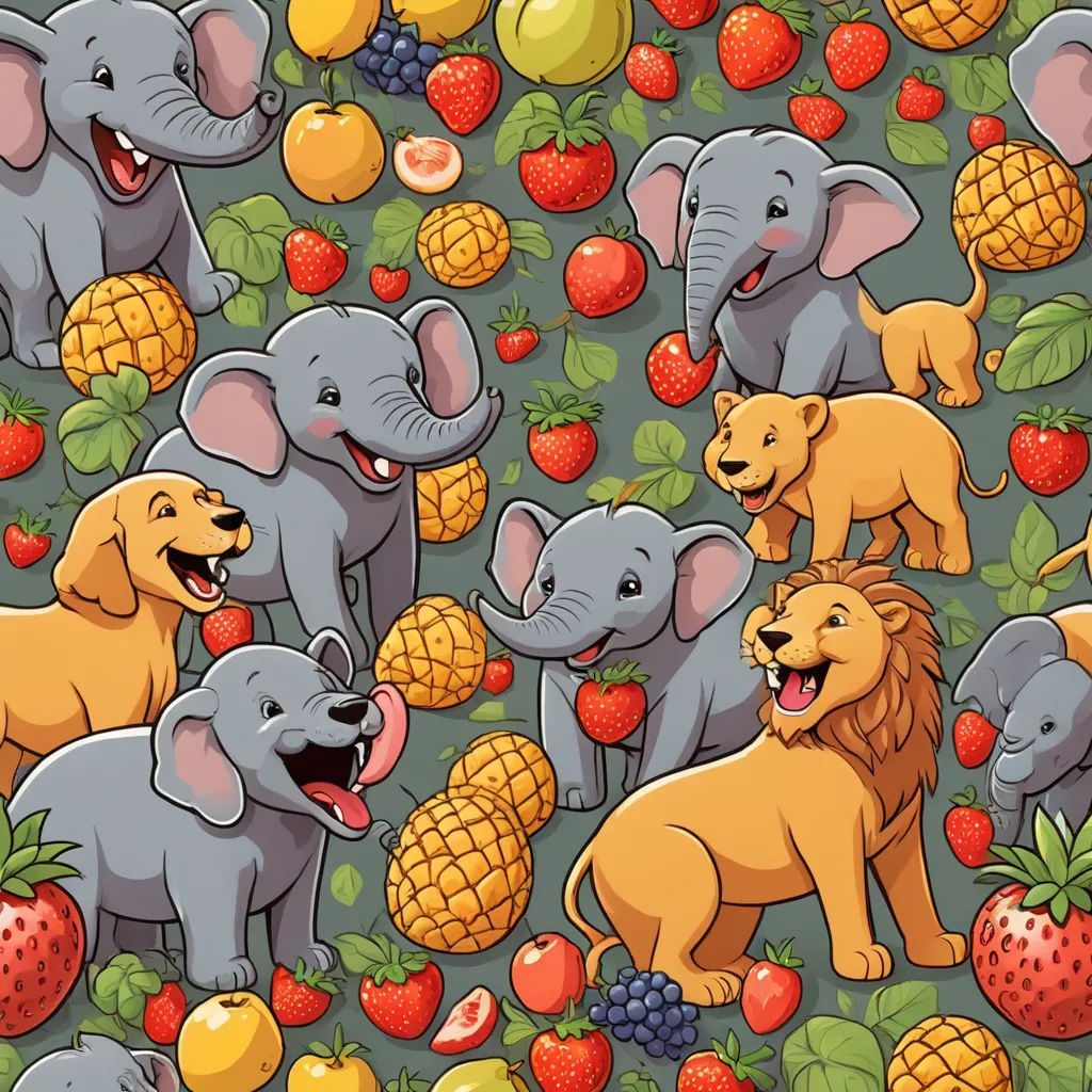a group of elephants and lions surrounded by fruit and berries on a gray background with pineapples, strawberries, and pineapples, pop surrealism, a storybook illustration, Chris LaBrooy, jungle