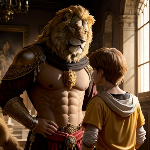 a man in a lion costume standing next to a boy in a yellow shirt and a lion mask on