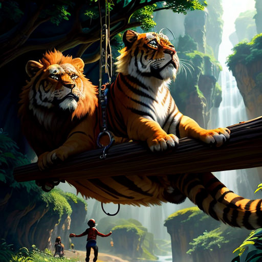 a man is standing on a swing with two tigers on it in a jungle setting with a man standing on a swing