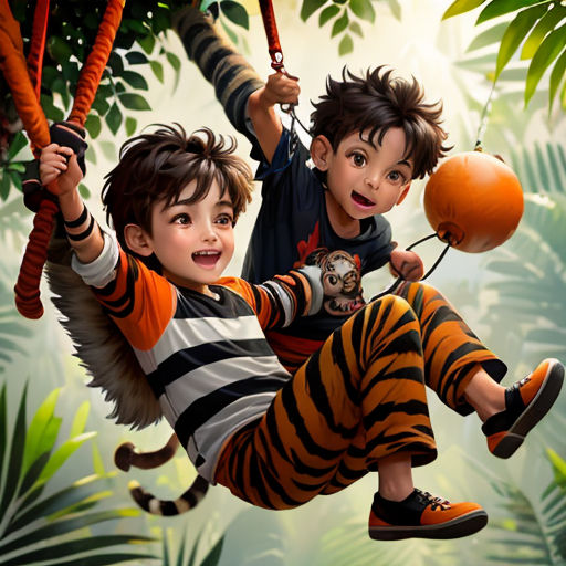 a boy and a boy on a swing in the jungle with a tiger costume on and a tiger mask on