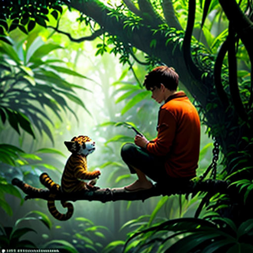 a boy sitting on a tree branch with a tiger in the jungle behind him, reading a book to a tiger cub