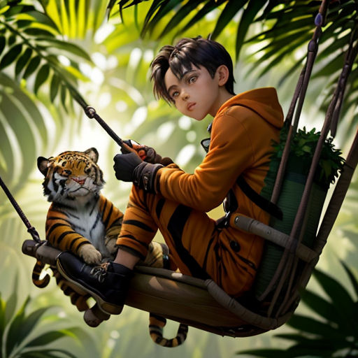 a woman sitting on a swing with a tiger in the jungle behind her, with a jungle background, and a tiger in the foreground