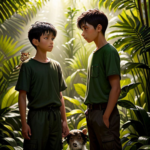two boys standing next to a dog in a jungle setting with a butterfly on his shoulder and a butterfly on his shoulder