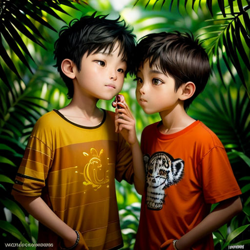 two young boys standing next to each other in front of a jungle background with palm trees and leaves on the ground