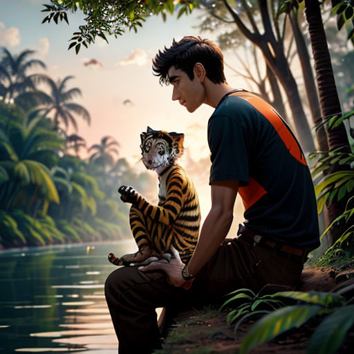 a man sitting next to a tiger on a river bank with a tiger cub on his lap, and a tiger cub on his lap