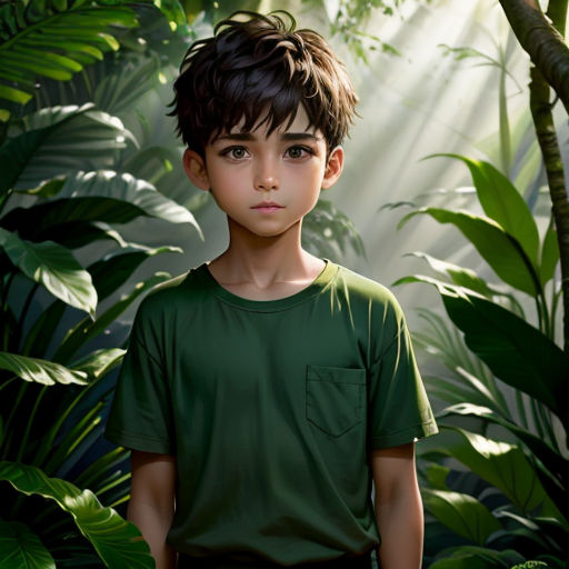 a boy in a green shirt standing in front of a jungle background with a sunbeam and leaves on the wall