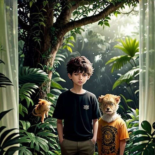 a boy and a boy standing in front of a jungle scene with a lion and a lion cub on the right side of the picture