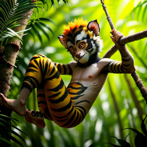a tiger cub is hanging on a tree branch in the jungle with a human like body painted on it