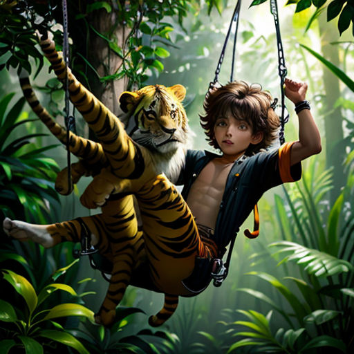 a boy on a swing with a tiger in the jungle behind him, in the jungle with a tiger