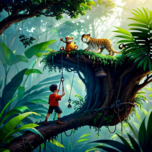 a boy on a tree branch with a tiger and a monkey on it, and a monkey on a tree branch