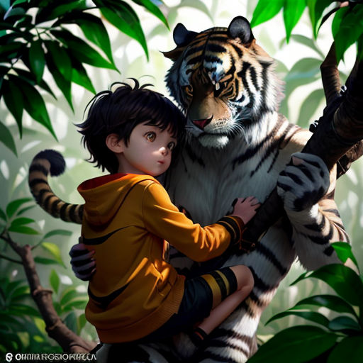 a boy hugging a tiger in a jungle with a tiger in the background and a tree behind him with leaves
