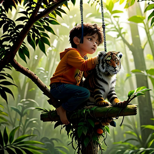 a boy on a swing with a tiger in the jungle behind him, in the jungle, with a jungle background