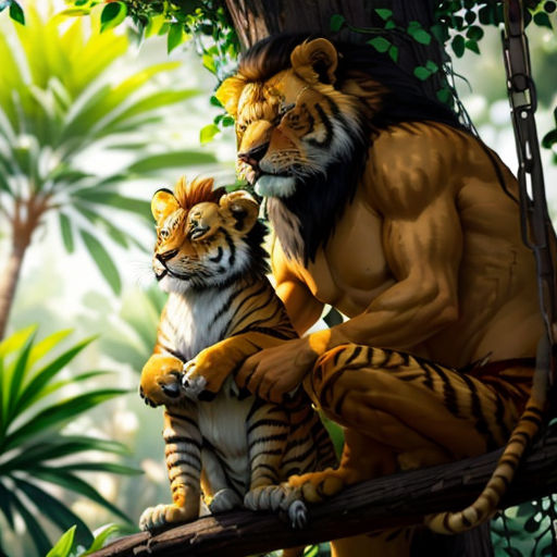 a tiger and a tiger cub sitting on a tree branch in a jungle setting with a tree branch in the foreground