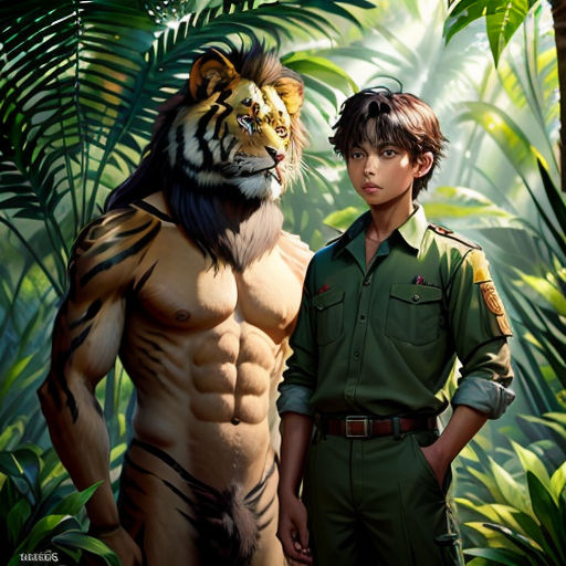 a man and a tiger in a jungle with palm trees and leaves behind him, and a man in a green uniform