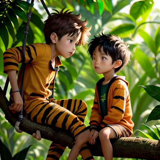 two children sitting on a tree branch in a jungle setting with leaves and foliage in the background, one of them is wearing a tiger suit
