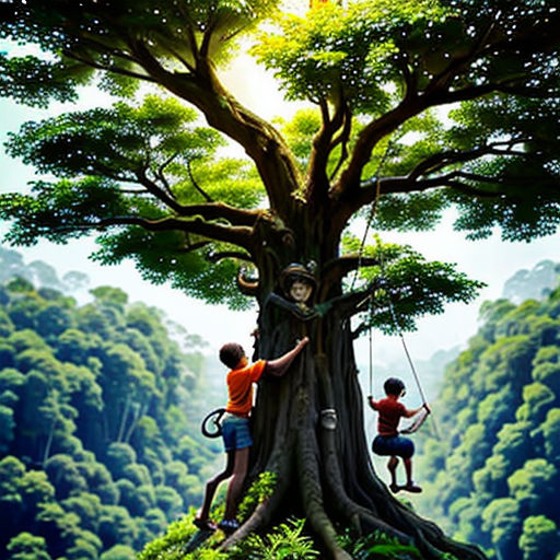 two children are climbing up a tree with a monkey on it's back and a monkey on the tree