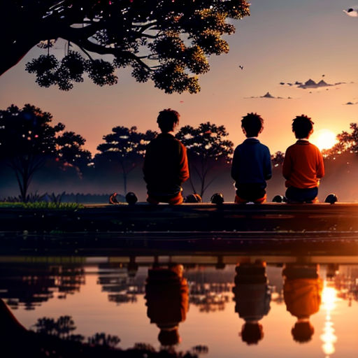 three people sitting on a bench watching the sunset over a lake with a reflection of the sun in the water