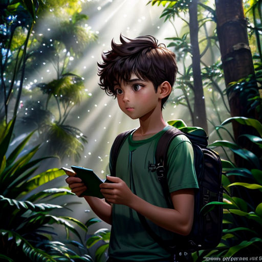 a boy in a green shirt is holding a tablet in a jungle with sunlight streaming through the trees and leaves