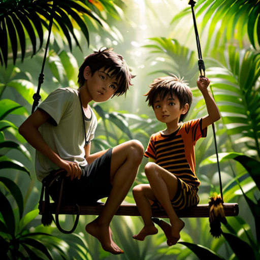 two children sitting on a swing in a jungle setting with a banana tree in the background and a jungle background