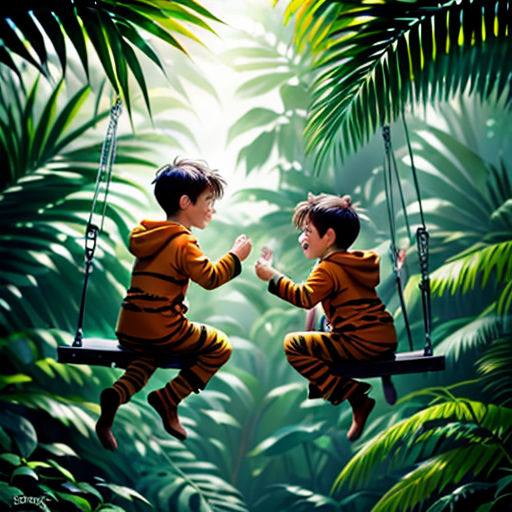 two children sitting on a swing in the jungle, one holding the other's hand and the other holding the other's hand