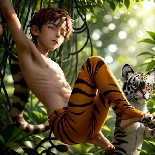 a man in tiger costume is holding a tiger in the jungle with a tiger cub in his hand and a tiger in his other hand