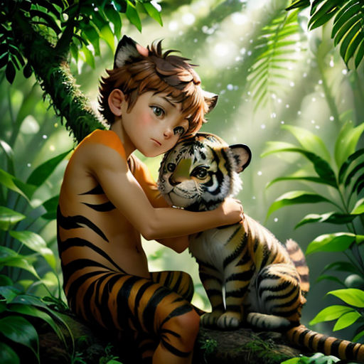 a boy holding a tiger in a jungle with a tiger cub in his lap, with a background of green leaves