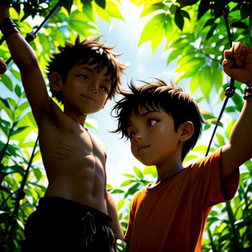 two boys are hanging upside down in the jungle together, one is holding a rope and the other is holding a banana