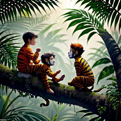 three children sitting on a branch in a jungle with tigers on them and a monkey on the branch with a monkey on the branch