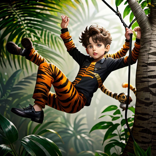 a boy is swinging on a rope in the jungle with a tiger costume on and a monkey on the side