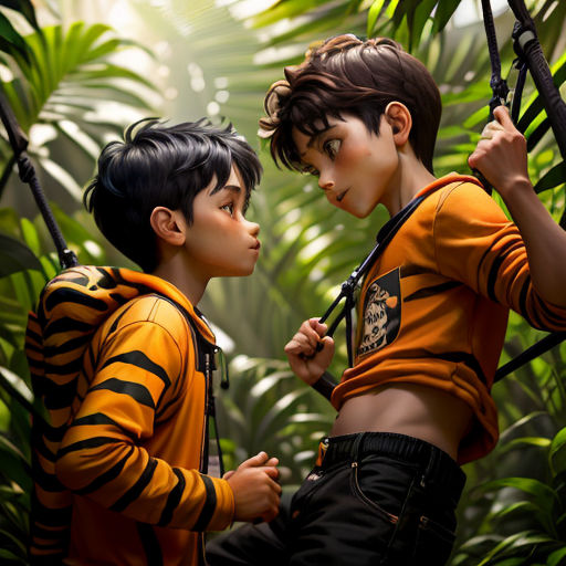 two boys are standing in a jungle with a monkey on his back and a monkey on his shoulder, and a monkey on his shoulder