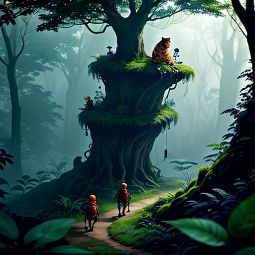 a painting of a forest with a cat on a tree stump and a person walking down a path to a forest