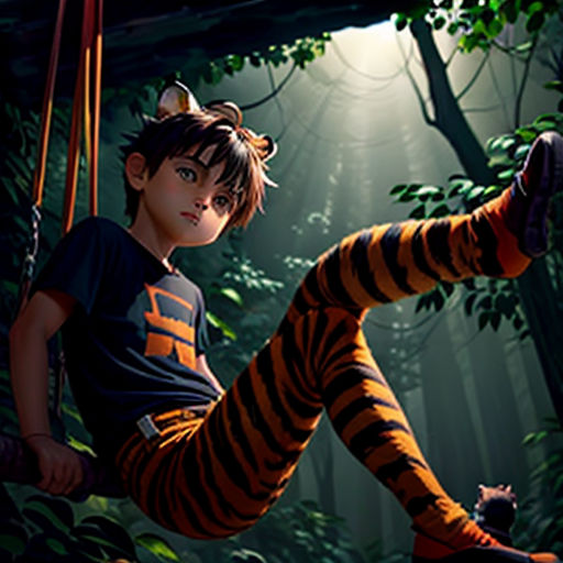 a boy is swinging on a rope in the jungle with a tiger costume on and a monkey on his back