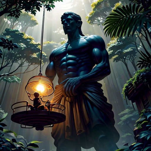 a man holding a lantern in the middle of a forest with a light on it's head and a man standing in the middle of the forest