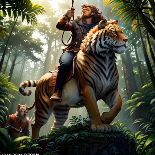 a man riding on the back of a tiger in the jungle with a sword in his hand and a tiger behind him