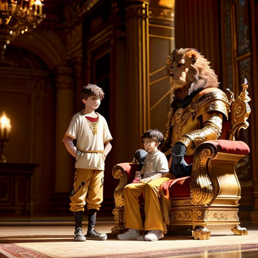 a group of children standing around a giant chair in a room with a lion statue on it's side