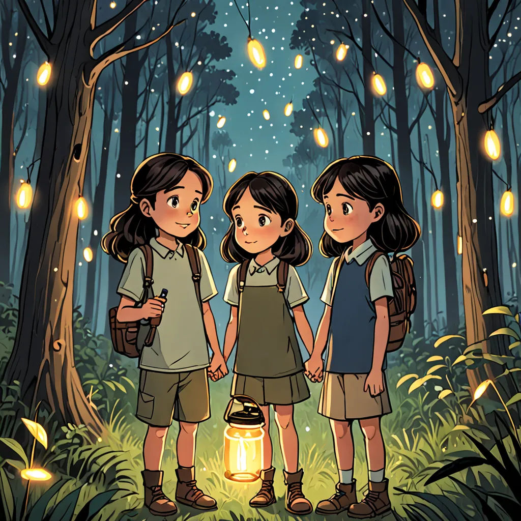 three children standing in the woods holding hands and looking at the stars above them, with a lantern in the foreground, magical realism, a storybook illustration, Diego Gisbert Llorens, fireflies