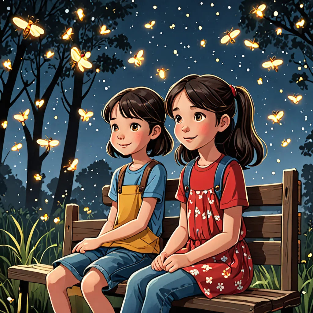 two girls sitting on a bench in the park with butterflies flying overhead and a night sky full of stars, magical realism, a storybook illustration, Chen Chun, fireflies