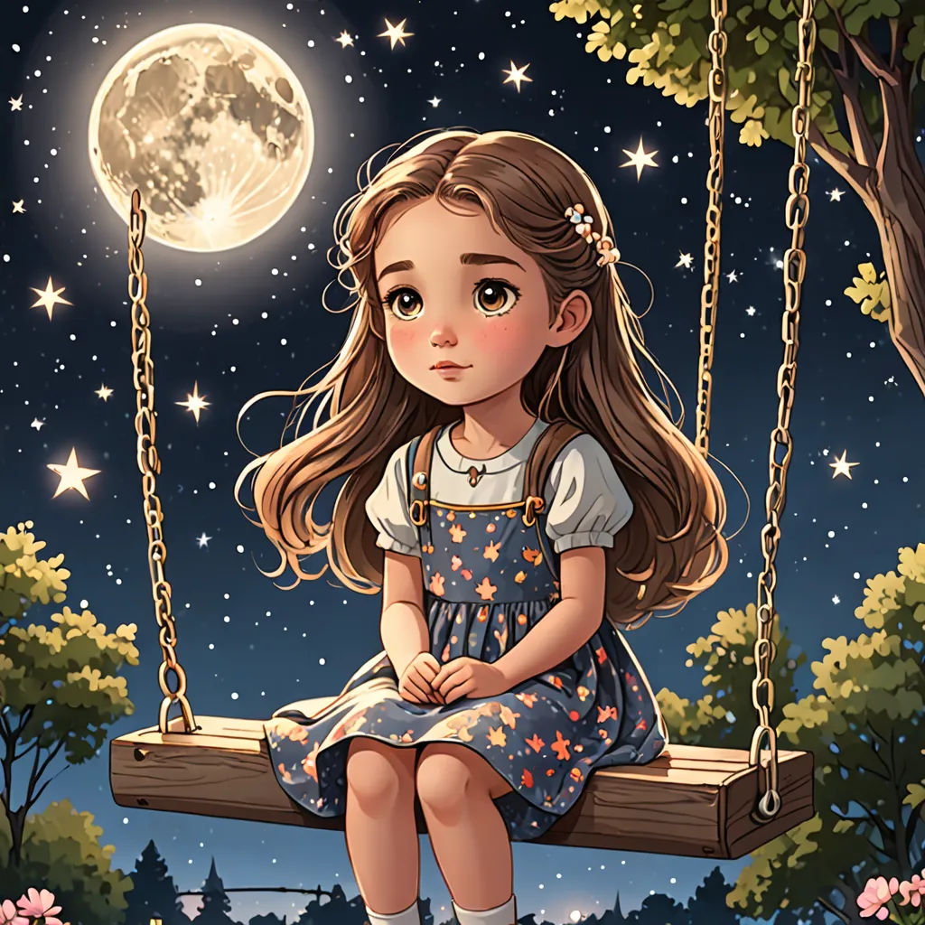 a little girl sitting on a swing in the night with a full moon in the background and stars in the sky, space art, a storybook illustration, Cyril Rolando, trending on art station