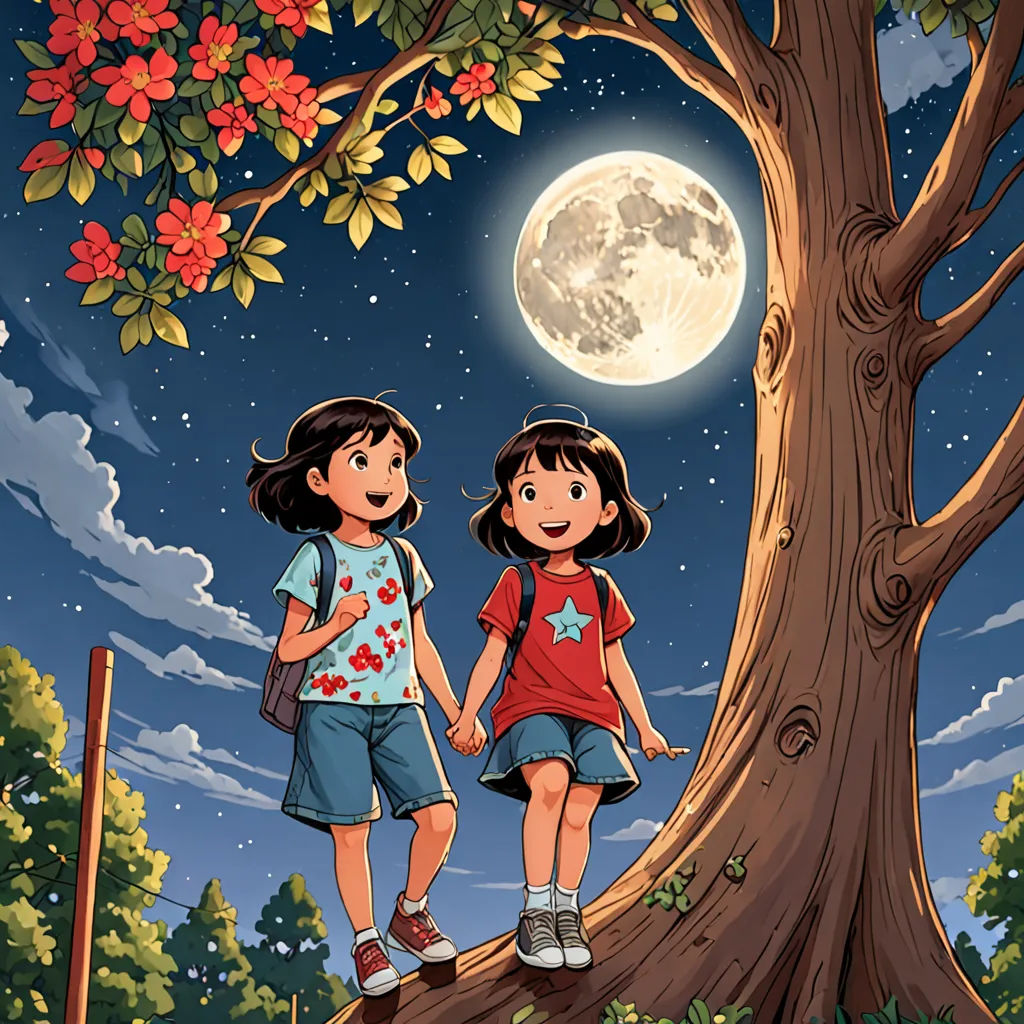 two children standing on a tree branch under a full moon with a full moon in the background and a full moon in the sky, space art, a storybook illustration, Diego Gisbert Llorens, official art