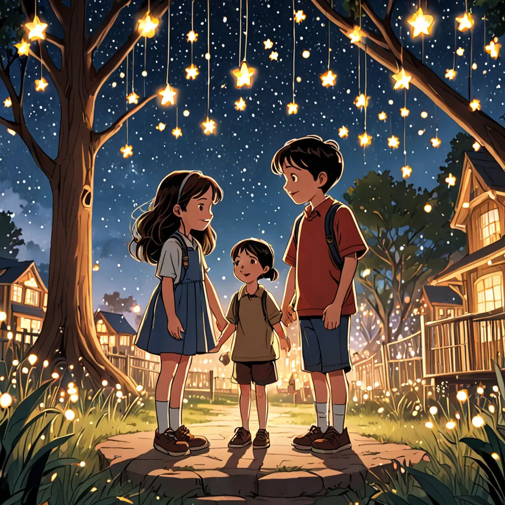 a family standing under a tree with stars hanging from the sky above them and a night sky filled with stars, magical realism, a storybook illustration, Aaron Jasinski, fireflies