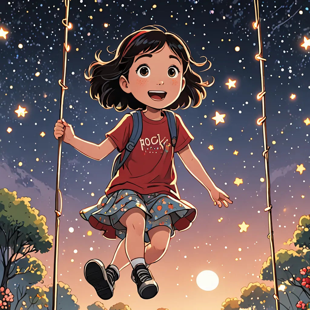 a girl is swinging on a rope in the night sky with stars above her and a full moon behind her, space art, a comic book panel, Cliff Childs, official art