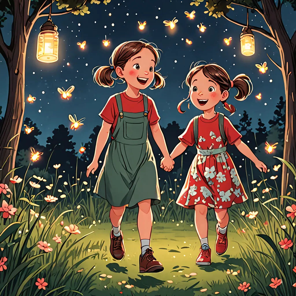 two little girls walking through a field at night with butterflies flying overhead and a lantern hanging from the trees, magical realism, a storybook illustration, Diego Gisbert Llorens, fireflies