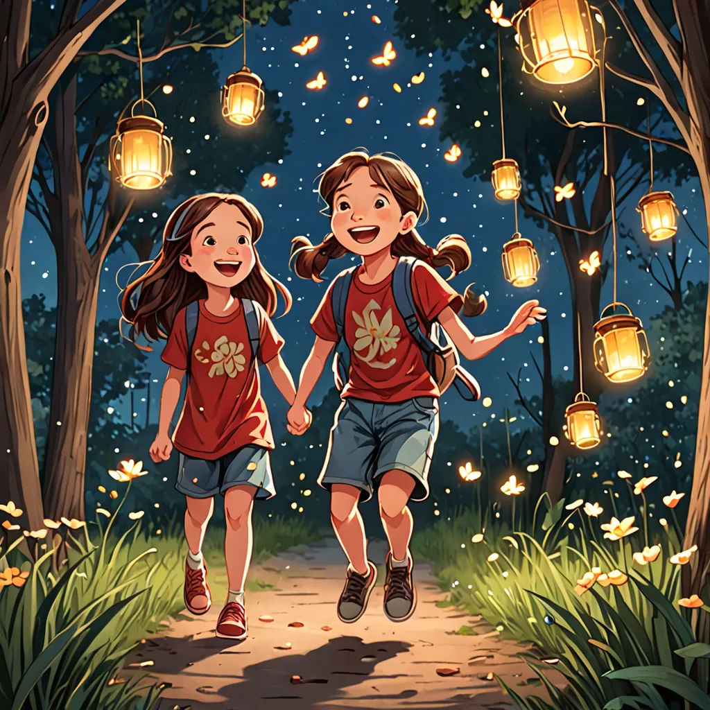 two children walking down a path with lanterns hanging from the trees above them and a path leading to them, fantasy art, a storybook illustration<error>