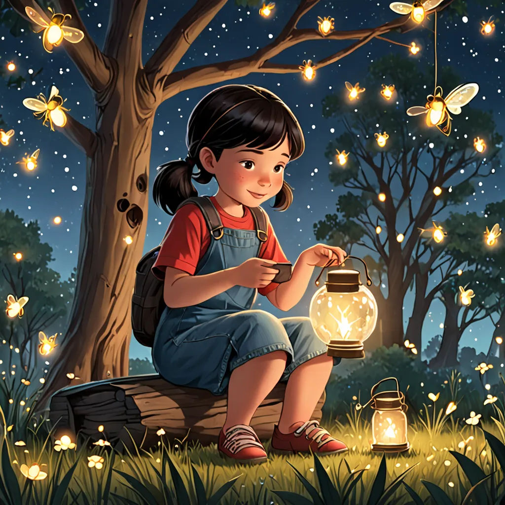 a girl sitting on a bench holding a lantern in a forest at night with butterflies flying overhead and a tree with a lot of lights, fantasy art, a storybook illustration, Diego Gisbert Llorens, fireflies
