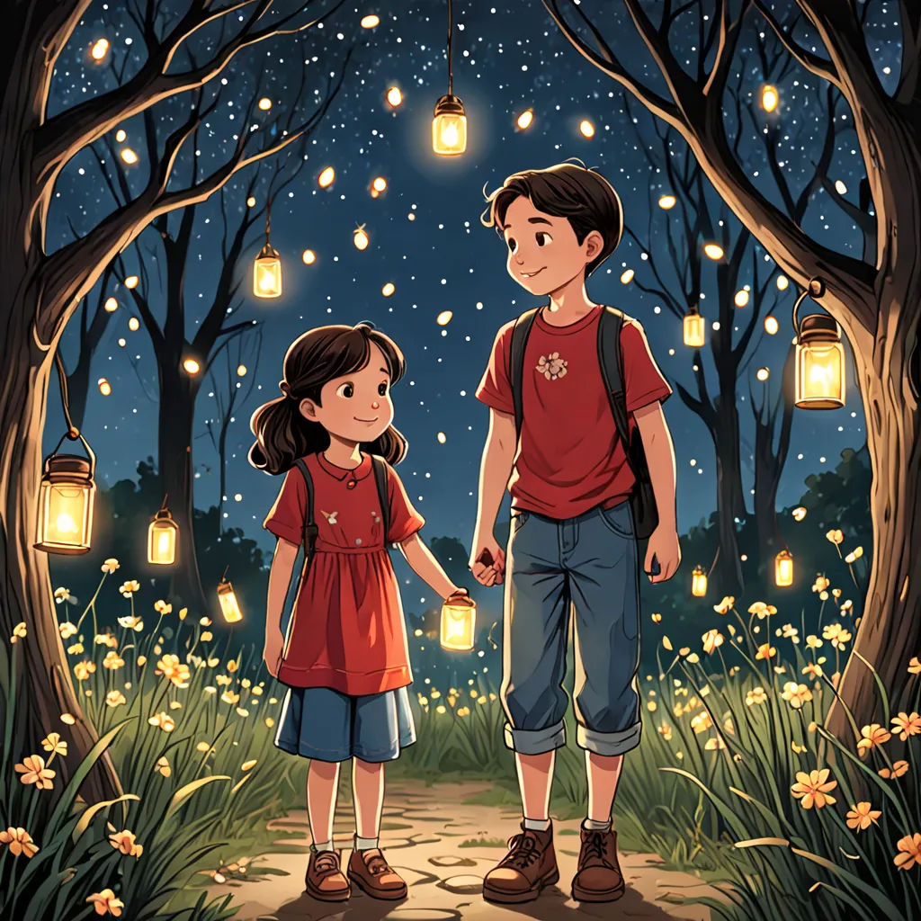 a boy and a girl are standing in the woods holding hands and looking at the stars above them with lanterns hanging from the trees, magical realism, a storybook illustration<error>