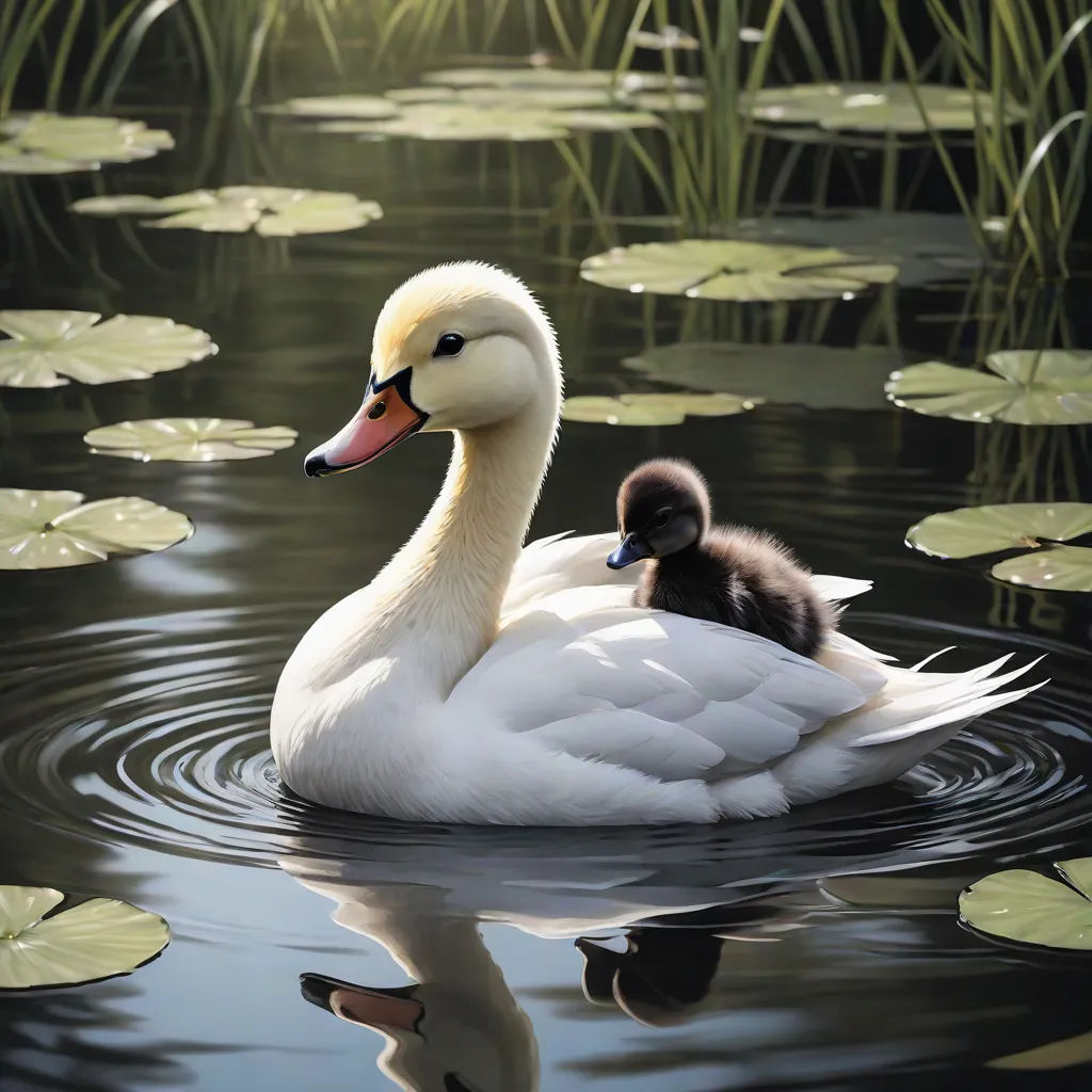 a duck and its baby swimming in a pond with lily pads on the water's surface and green grass in the background, art photography, a photorealistic painting, David Martin, highly detailed digital painting